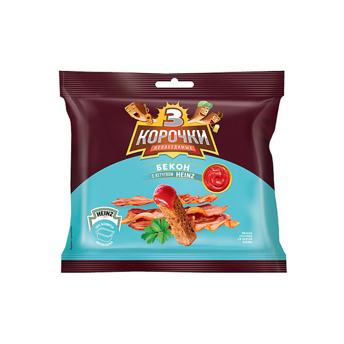 Сухарики 3 Корочки со вкусом бекона и кетчупом Heinz, 4 шт по 85 г