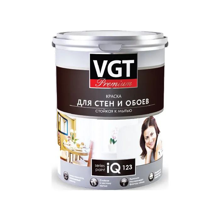 Краска VGT PREMIUM для стен и обоев iQ123 база А стойкая к мытью 2л (3.1 кг)