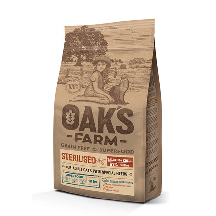 фото Сухой корм для кошек oaks farm gf sterilised, лосось, криль 18.2кг