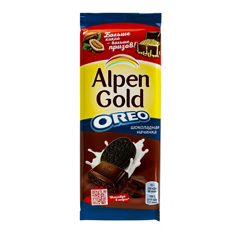 фото Шоколад alpen gold молочный с шоколадной начинкой и кусочками печенья oreo 90 г