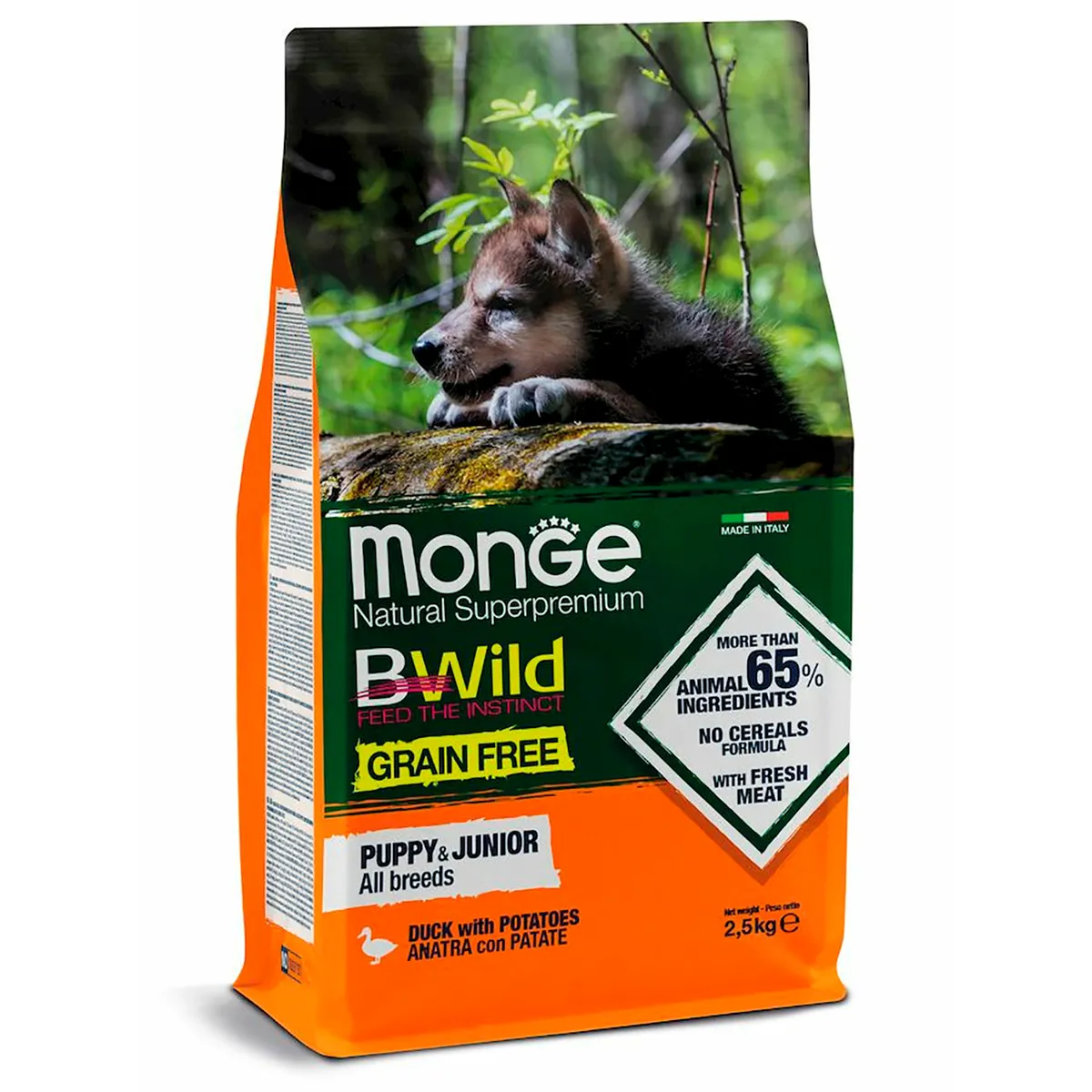 

Сухой корм для собак Monge, утка, картофель, 2.5кг, Сухой корм для щенков мелких пород / Супер-Премиум класса Monge Dog BWild GRAIN FREE, мясо утки с картофелем 2,5кг