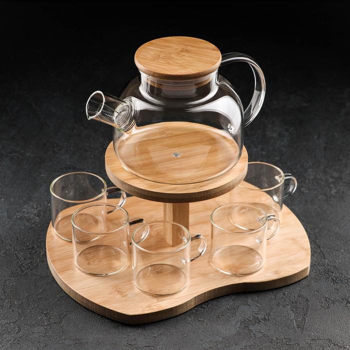 фото Набор чайный на деревянной подставке «эко», 6 предметов: чайник 1,1 л, 5 кружек 120 мл nobrand