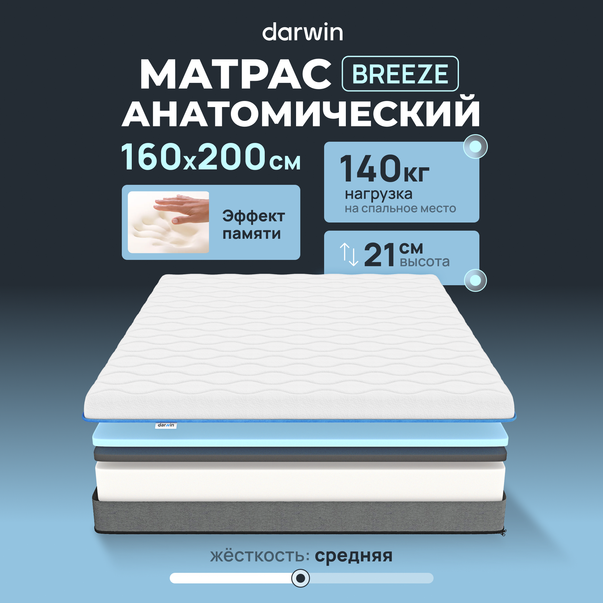 Ортопедический Матрас Darwin Breeze 160х200, беспружинный, 21 см высота, белый