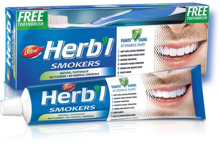 Зубная паста Dabur Herb’l Smokers отбеливающая 150 гр в комплекте с зубной щеткой лэтуаль mode zero колпачок фигурный для зубной пасты пес