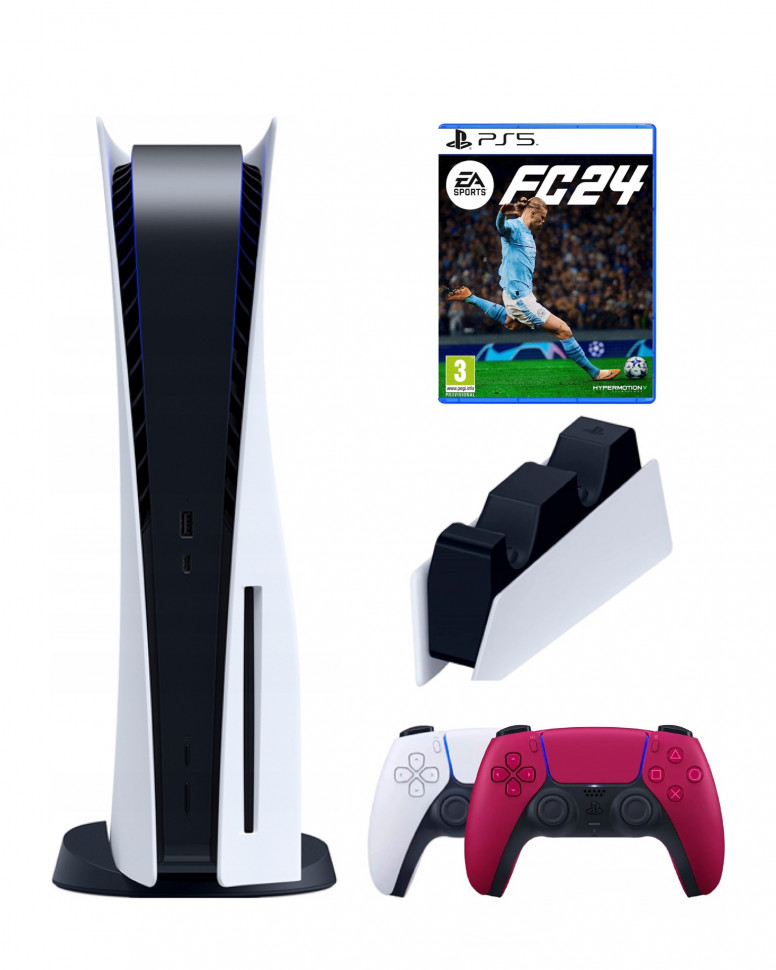 

Приставка Sony PlayStation 5+2-ой геймпад(красный)зарядное FC24 (диск), Белый;черный