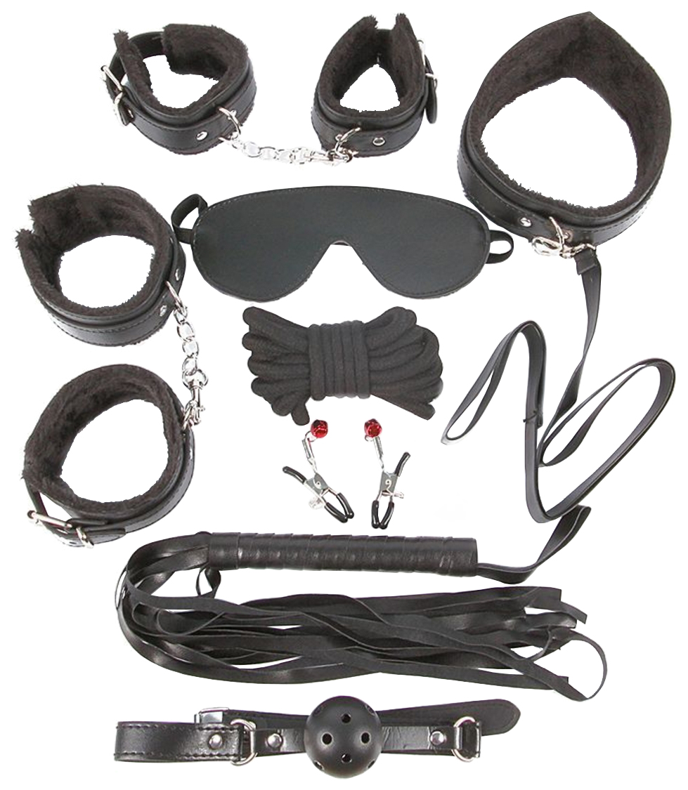 Большой набор наручники, оковы, маска, кляп, плеть, ошейник, поводок, веревка, зажимы