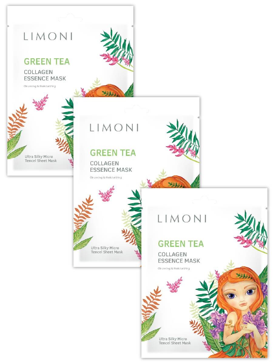 

Тканевые маски Limoni Green Tea Collagen Set тонизирующие с зелёным чаем и коллагеном,3 шт