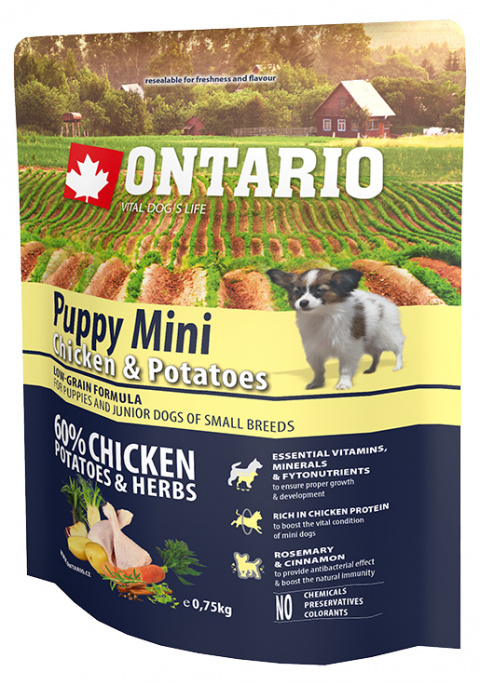 

Сухой корм для щенков мини пород Ontario , курица, картофель, 0.75кг, Puppy Mini