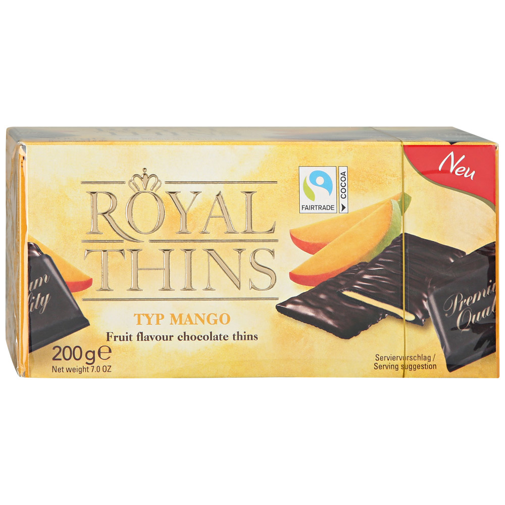 Шоколадные плитки Halloren  Royal Thins темный cо вкусом манго 200г.