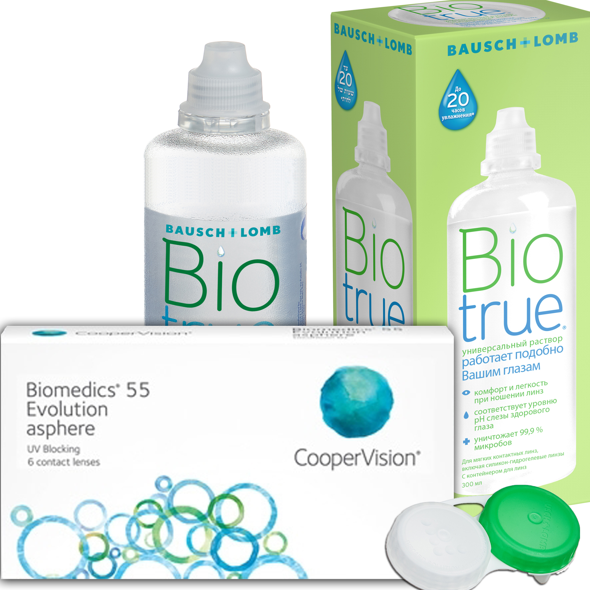Купить 55 Evolution asphere 6 линз + Biotrue, Контактные линзы Biomedics 55 Evolution asphere 6 линз R 8.6 -1, 00 + Biotrue 300 мл