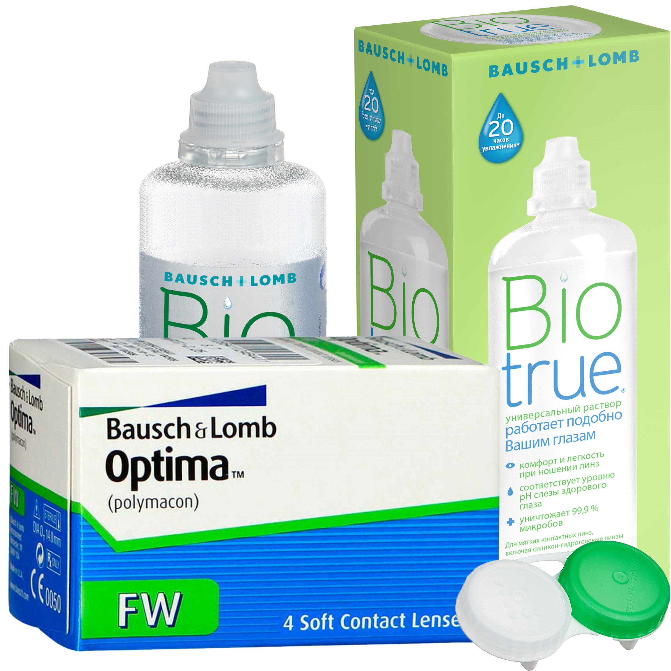 Купить FW 4 линзы + Biotrue, Контактные линзы Optima FW 4 линзы R 8.4 -0, 50 + Раствор Biotrue 300 мл