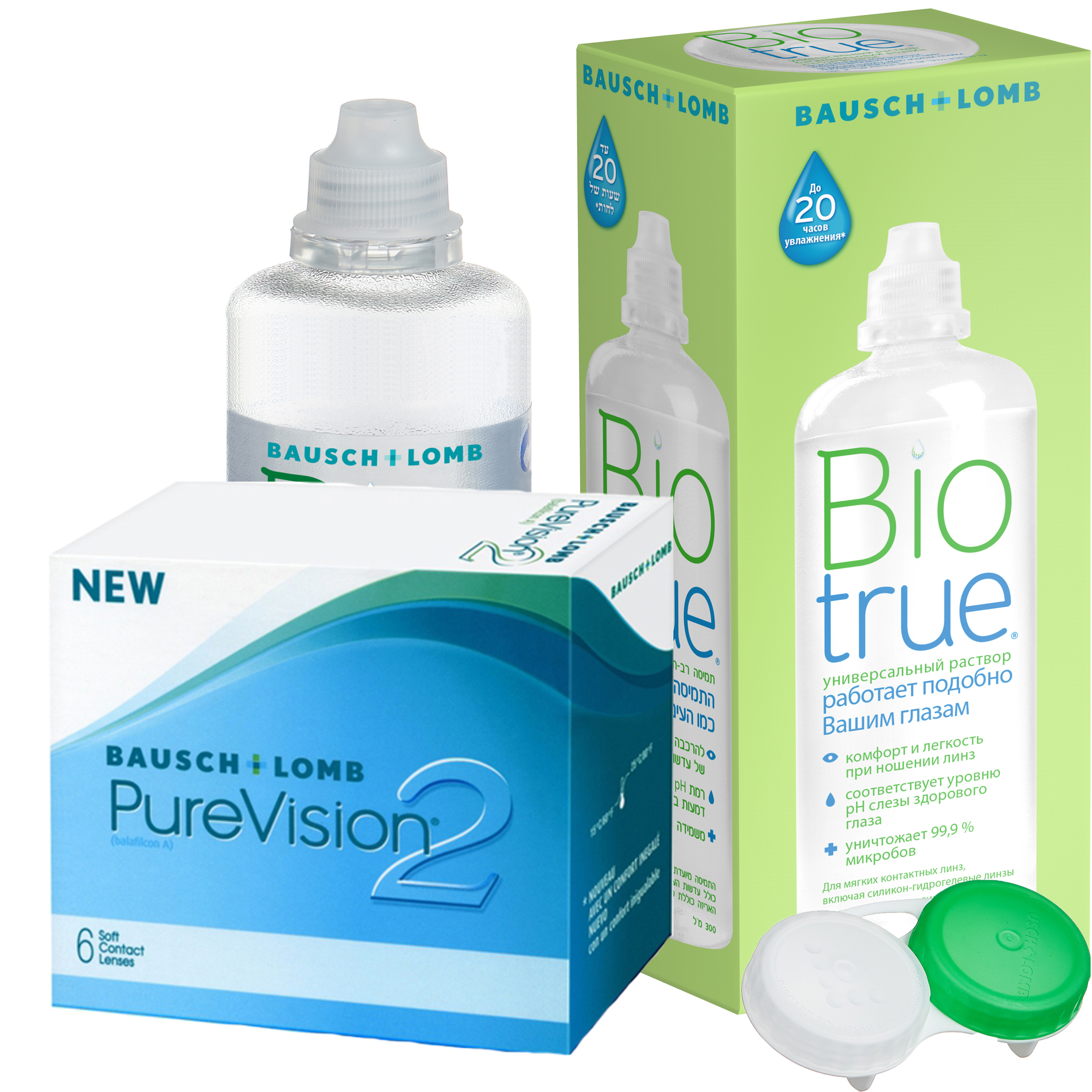 фото Контактные линзы purevision 2 6 линз r 8.6 -0,50 + раствор biotrue 300 мл