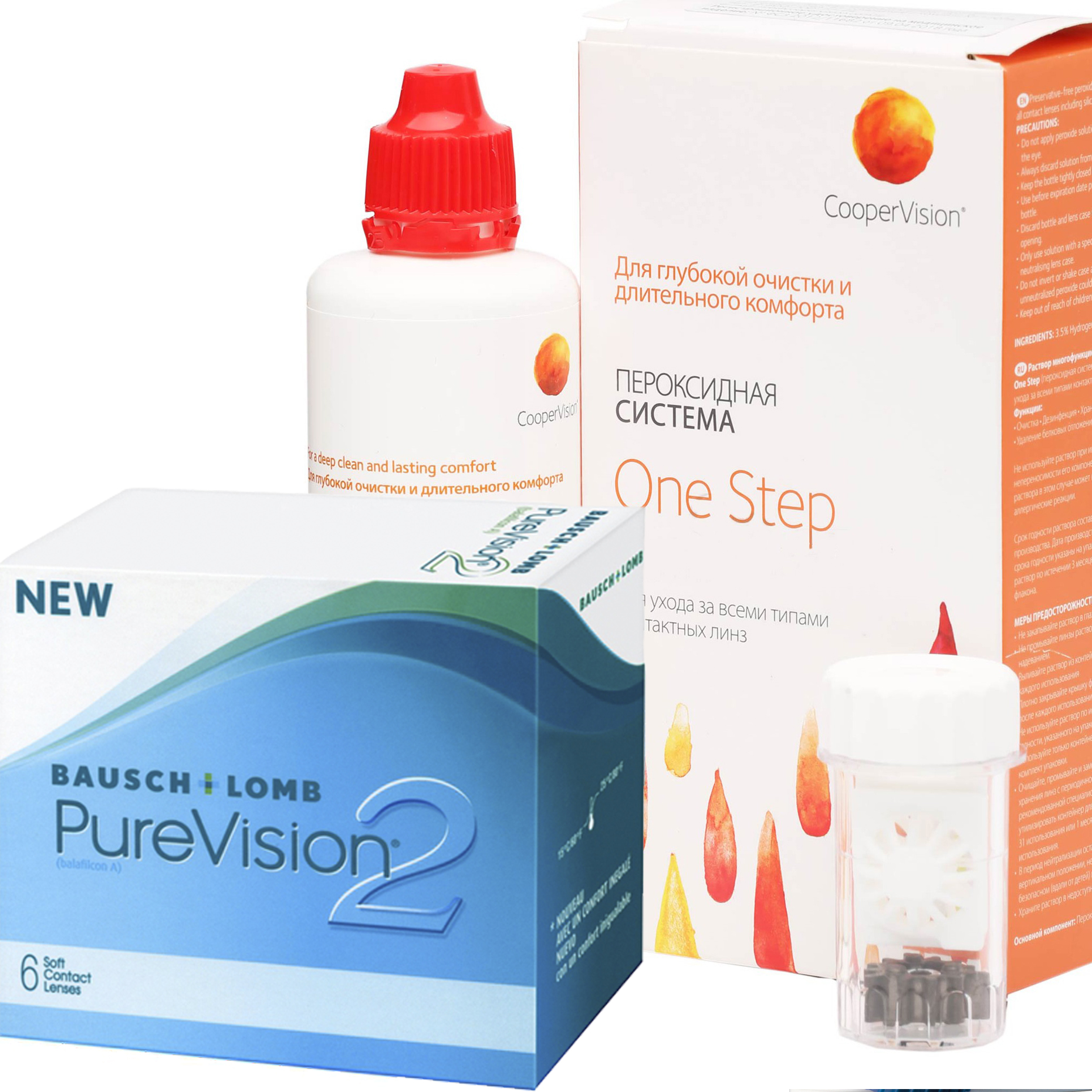 Купить PureVision 2 6 линз + One Step, Контактные линзы PureVision 2 6 линз R 8.6 -0, 50 + Раствор One Step 360 мл