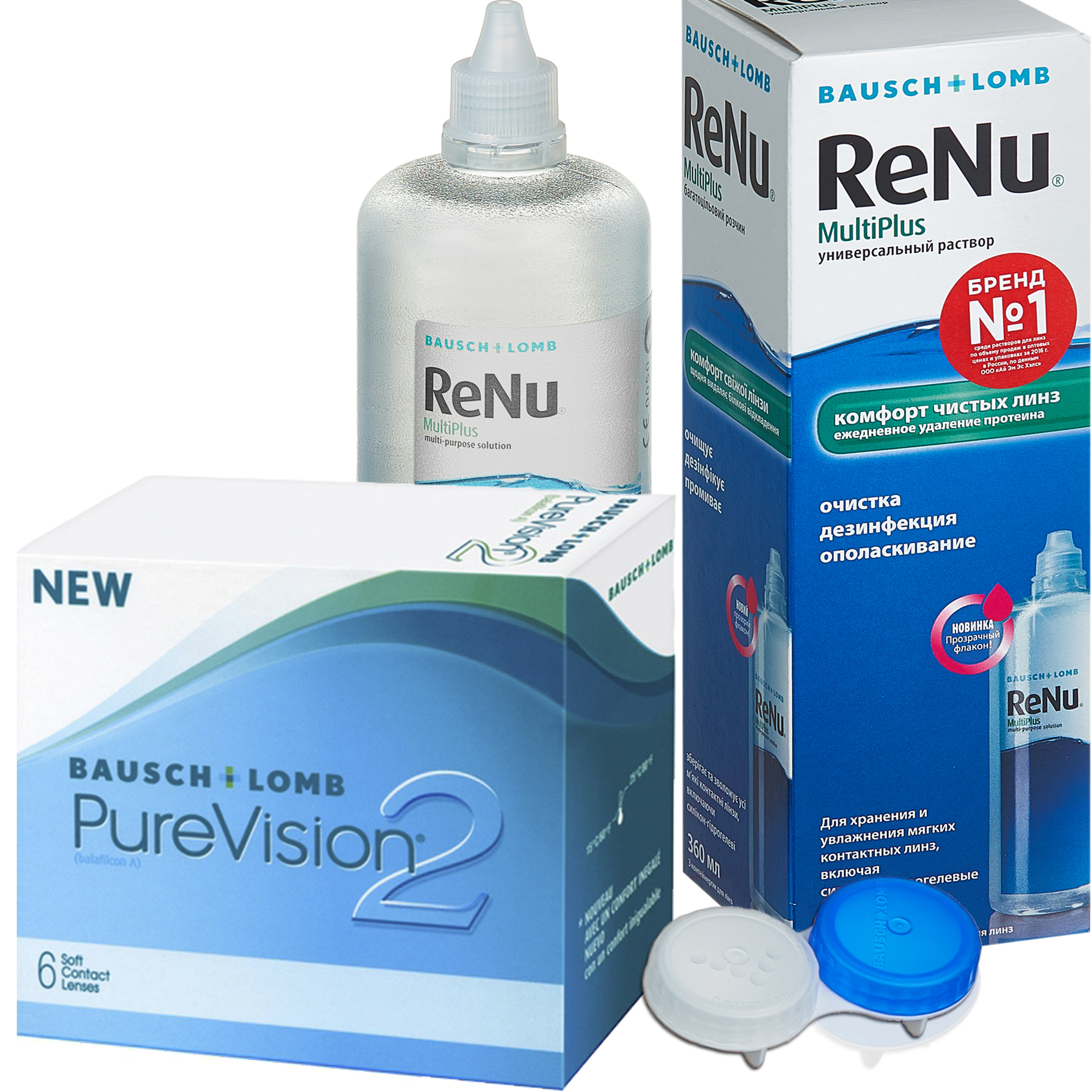 Купить PureVision 2 6 линз + ReNu MultiPlus, Контактные линзы PureVision 2 6 линз R 8.6 -1, 50 + Раствор ReNu Multi Plus 360 мл