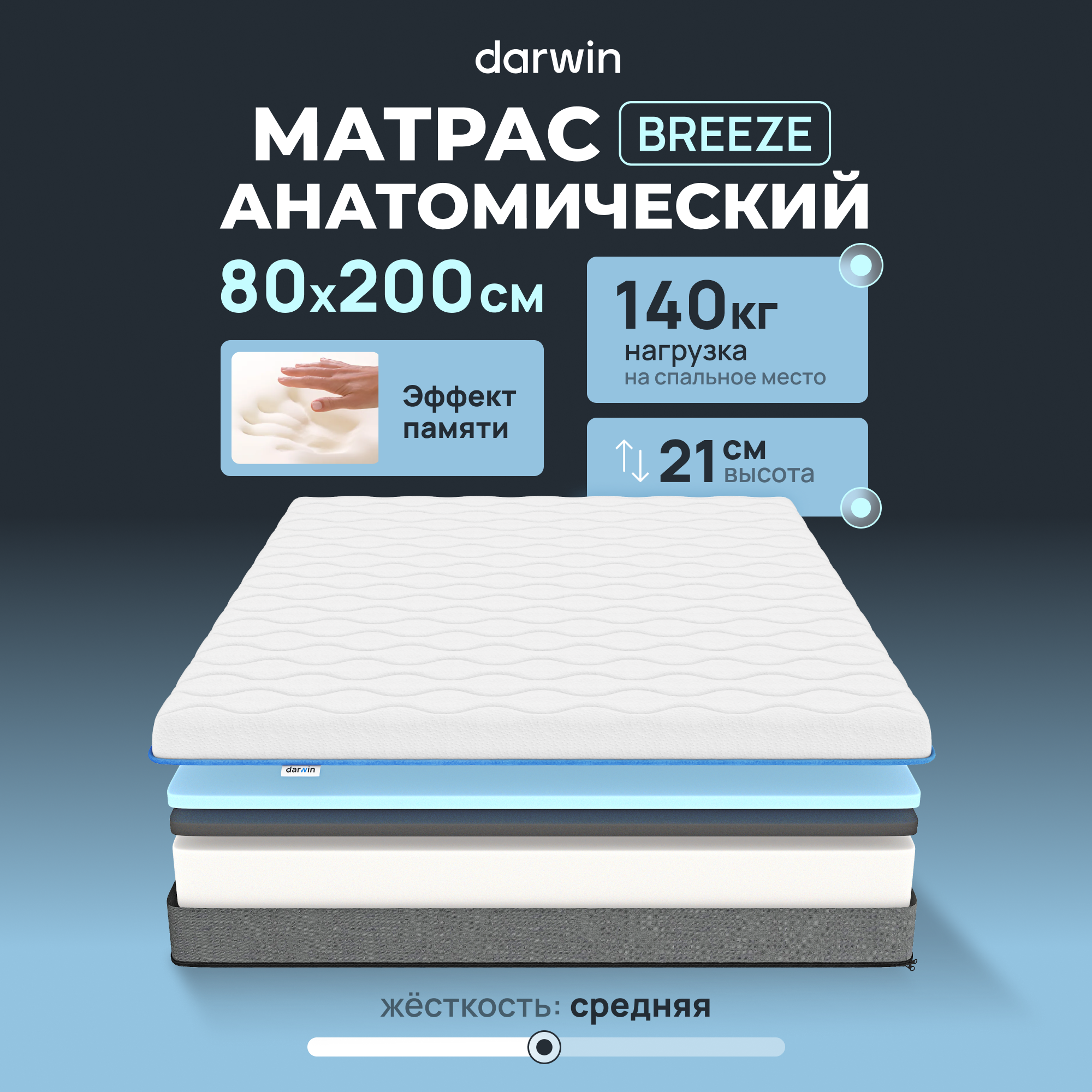 Ортопедический Матрас Darwin Breeze 80х200, беспружинный, 21 см высота, белый