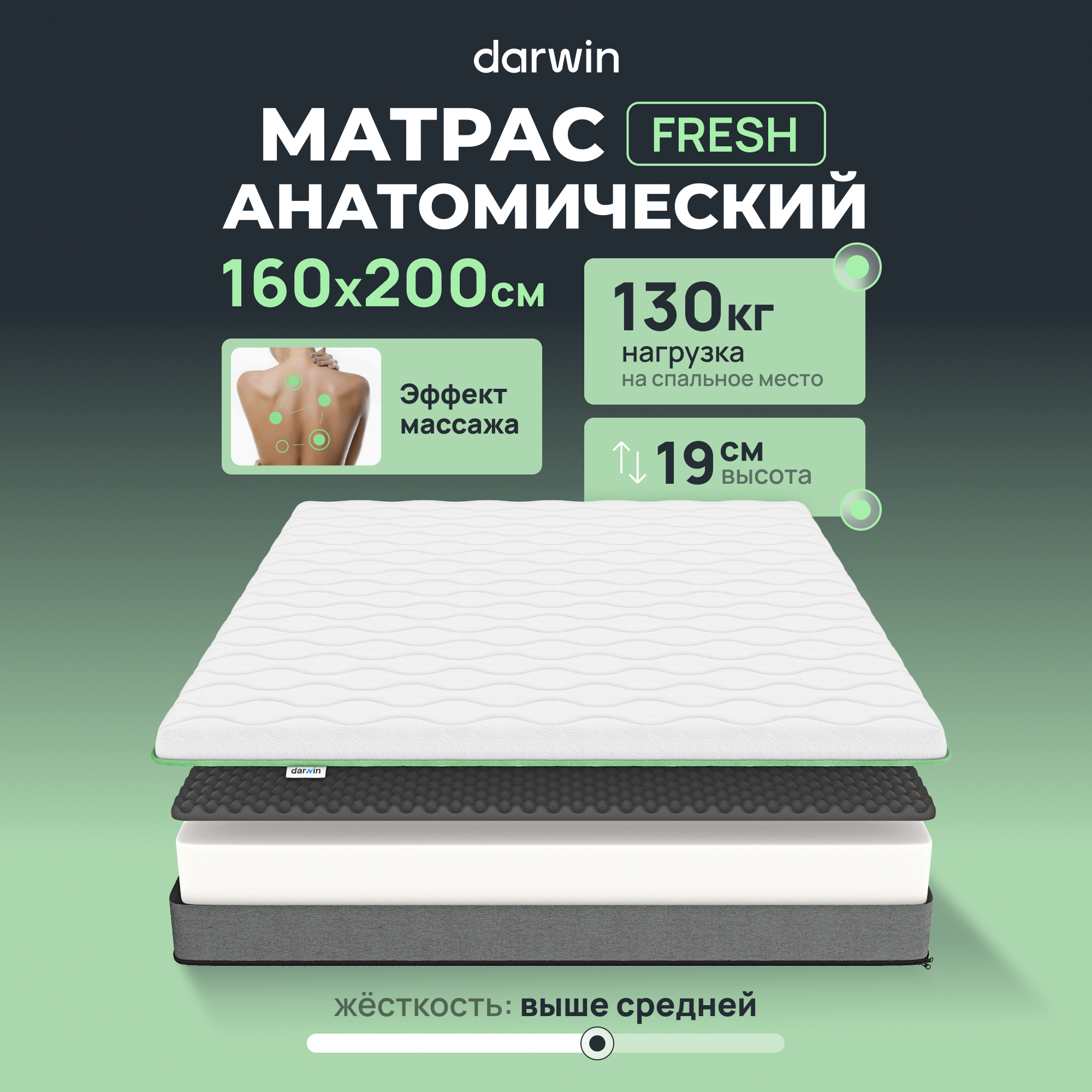 Ортопедический Матрас Darwin Fresh 160х200, беспружинный, 19 см высота, белый