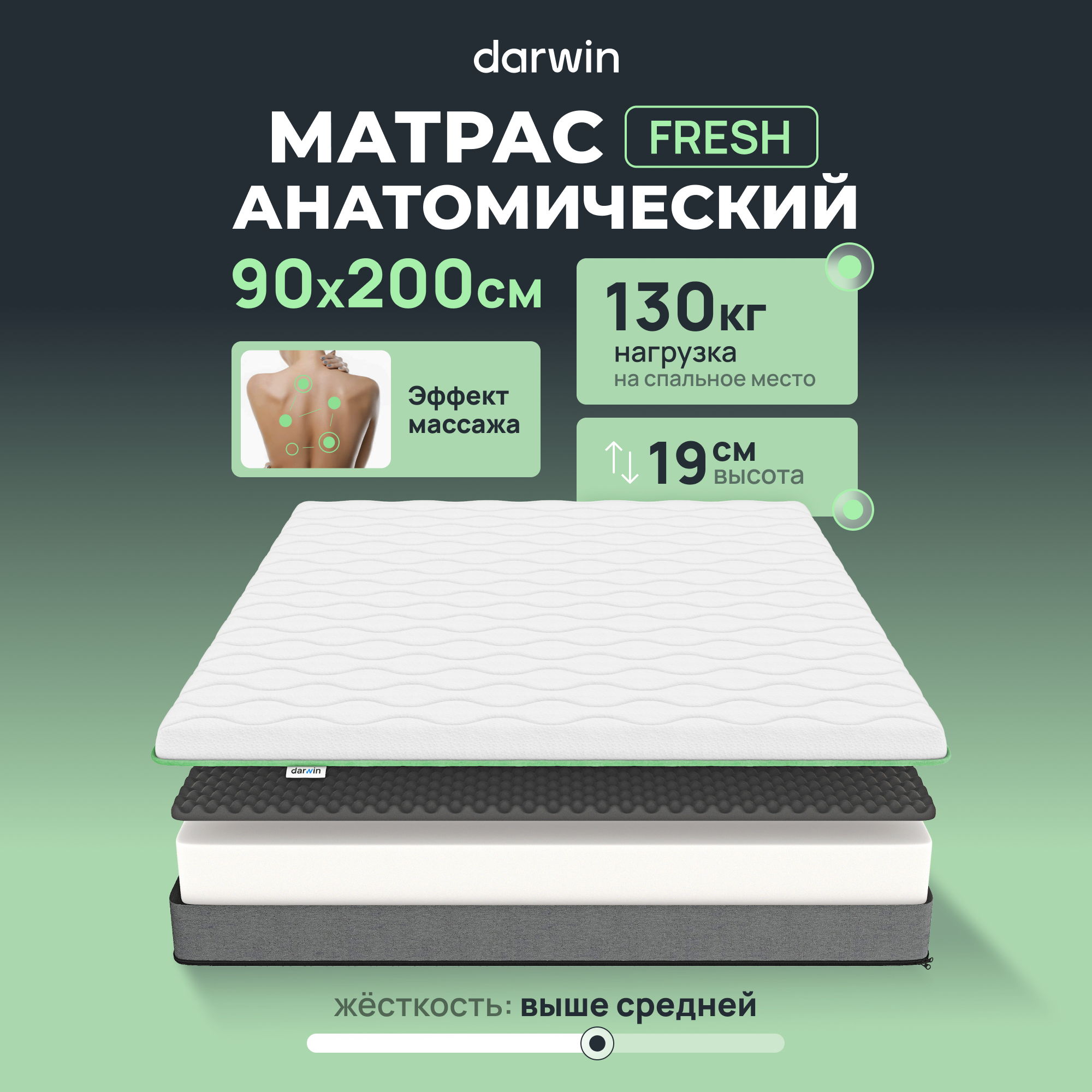 Ортопедический Матрас Darwin Fresh 90х200, беспружинный, 19 см высота, белый