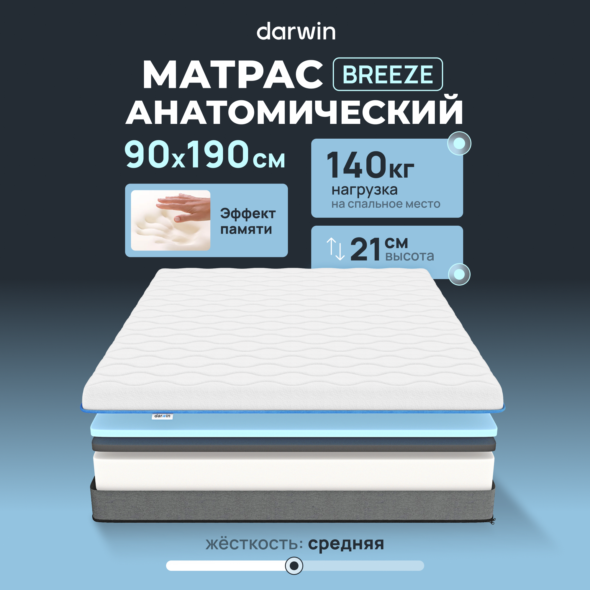 

Ортопедический Матрас Darwin Breeze 90х190, беспружинный, 21 см высота, белый, Breeze