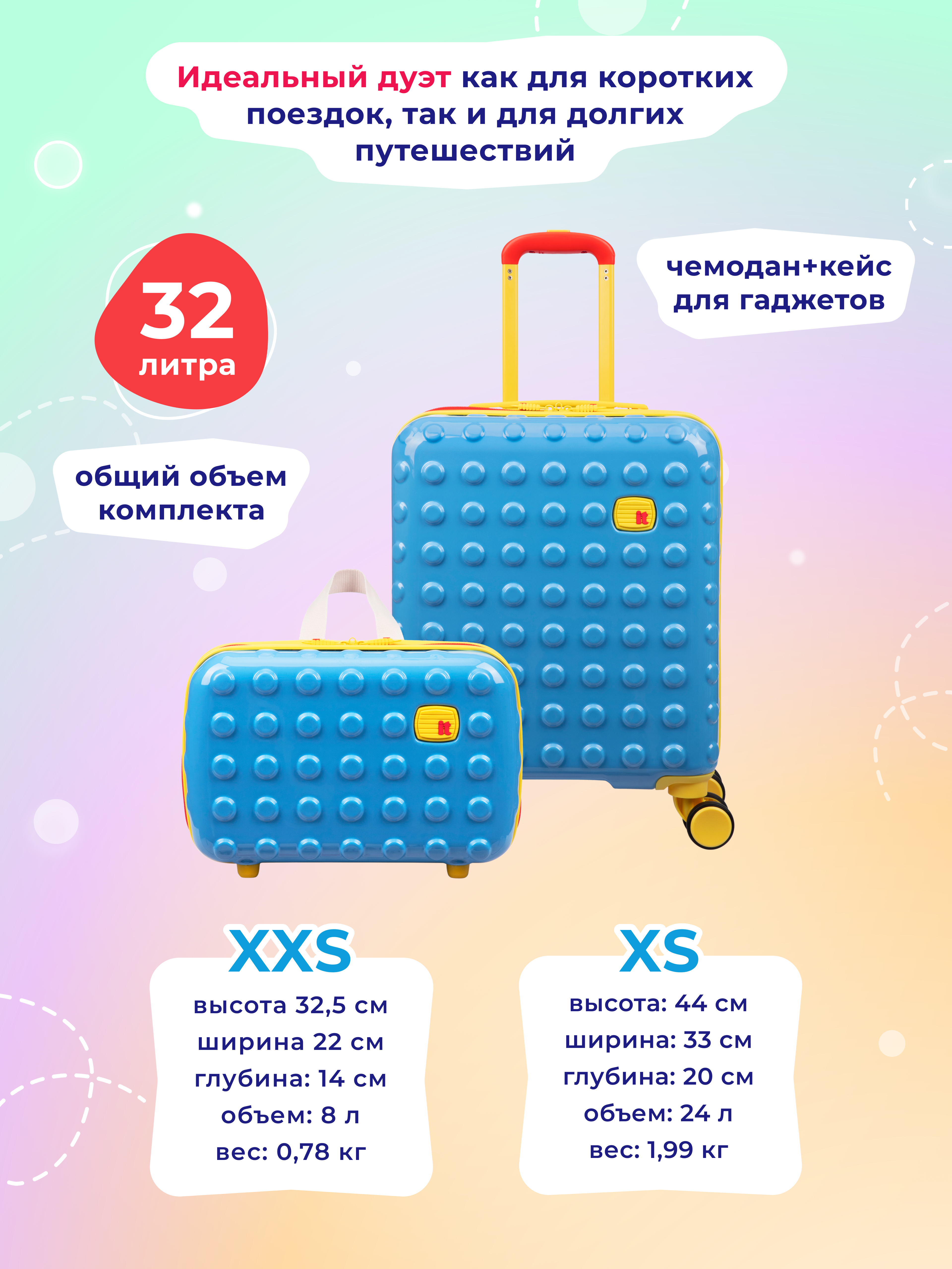 Детский чемодан it luggage на колесах с кейсом для гаджетов Bobble-blue