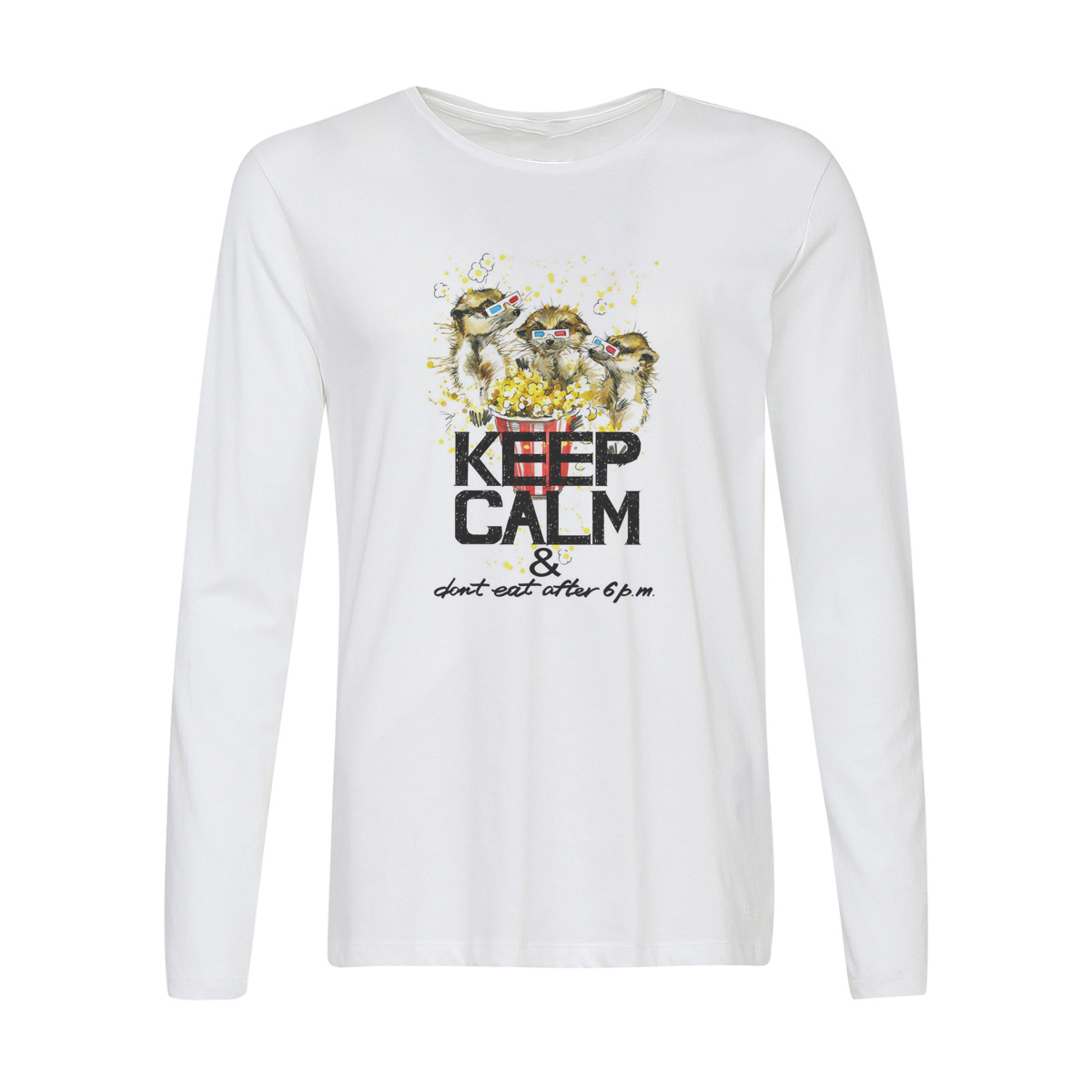 

Лонгслив CoolPodarok Краски. Keep calm and dont eat after 6 pm. Сурикаты и попкорн, Белый, 6w015211