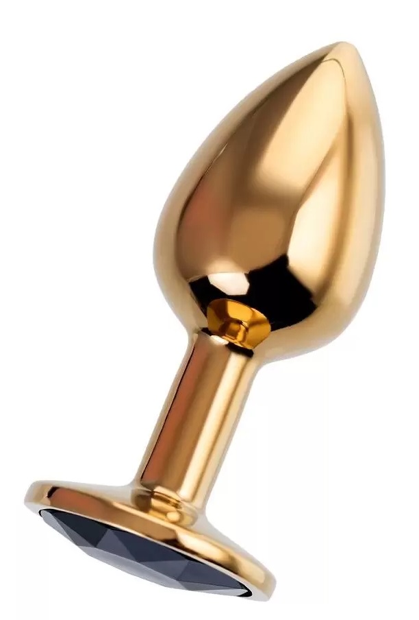 Золотистая гладкая анальная пробка с черным кристаллом 7 см