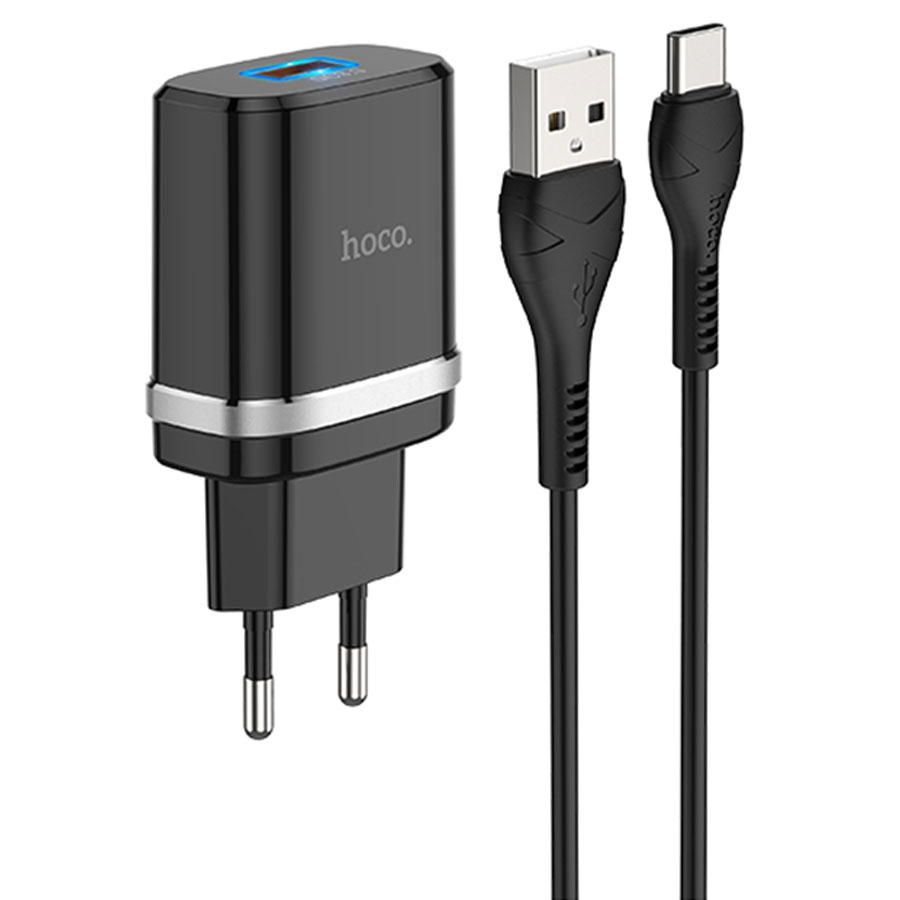 

Сетевое зарядное устройство HOCO C12Q Smart 1xUSB с кабелем USB - Type-C, 3A, 18W, черный, C12Q Smart