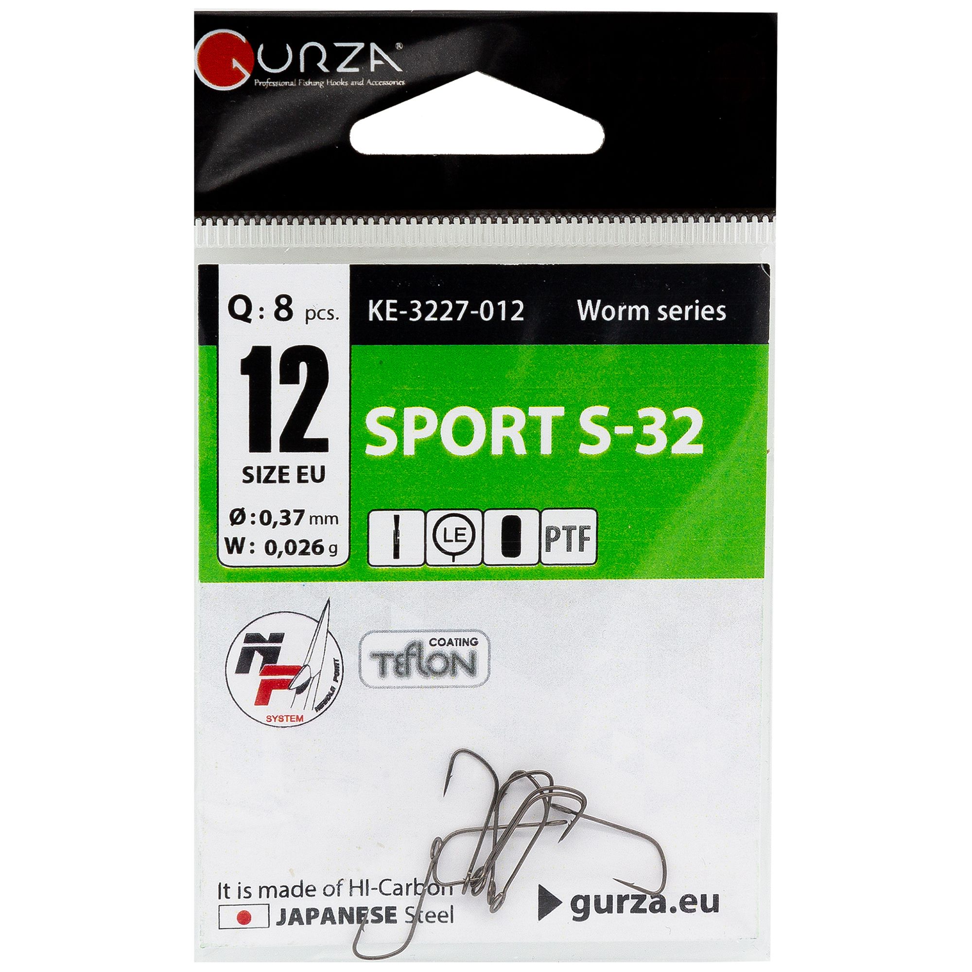 Крючки одинарные Gurza Sport S32 ptf, размер 12 8 шт