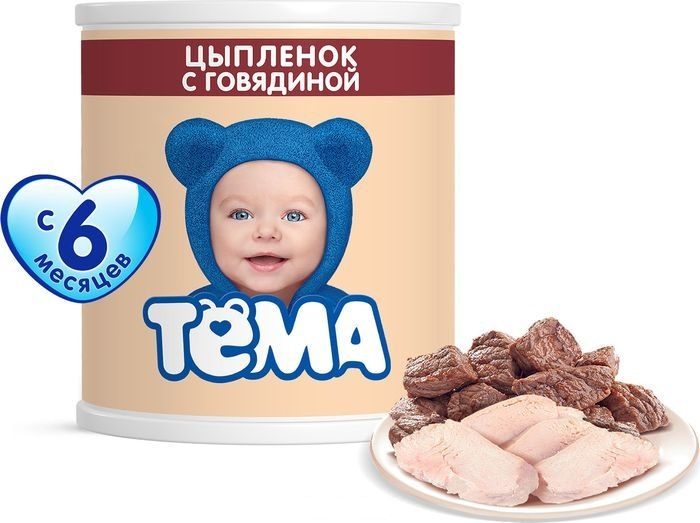 

Пюре мясное Тёма Цыпленок с говядиной с 6 месяцев 100 г, 1 шт., Цыпленок с говядиной