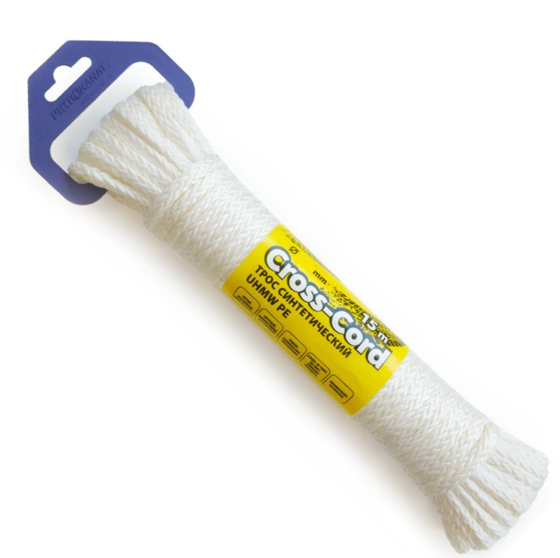 

Трос для лебедок Петроканат UHMW PE CROSS-CORD 6,0 мм, 3500кгс, 15 м, белый, евромоток, UHMW PE Cross-Cord