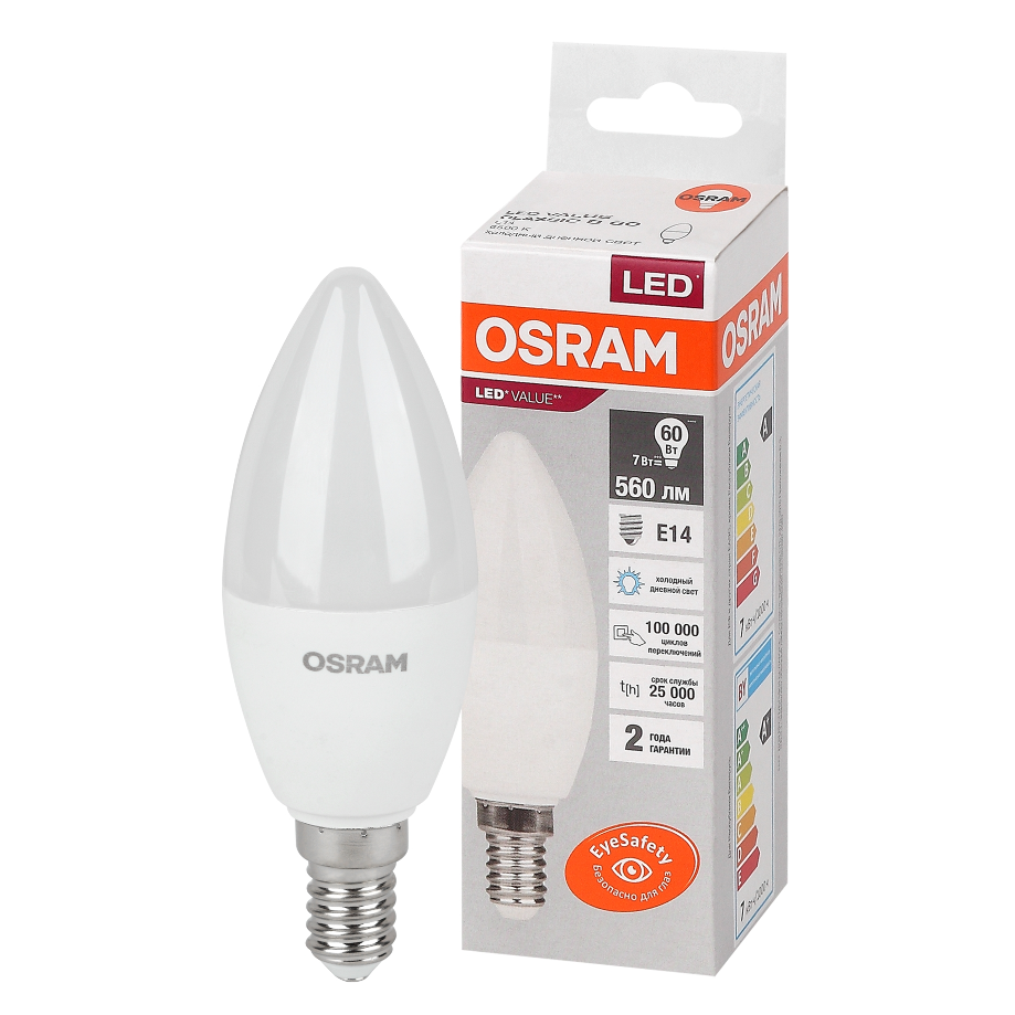 

Лампочка светодиодная E14 OSRAM LED Value B, 560 лм, 7Вт, 6500К, холодный белый свет