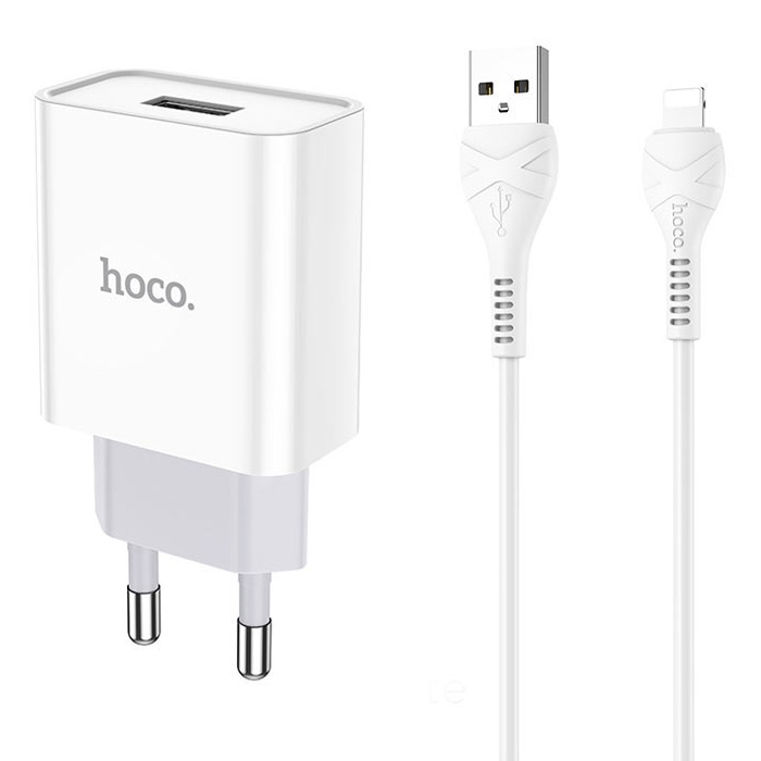 

Сетевое зарядное устройство c USB Hoco C81A, кабель USB - Lightning, 2,1A белое, C81A