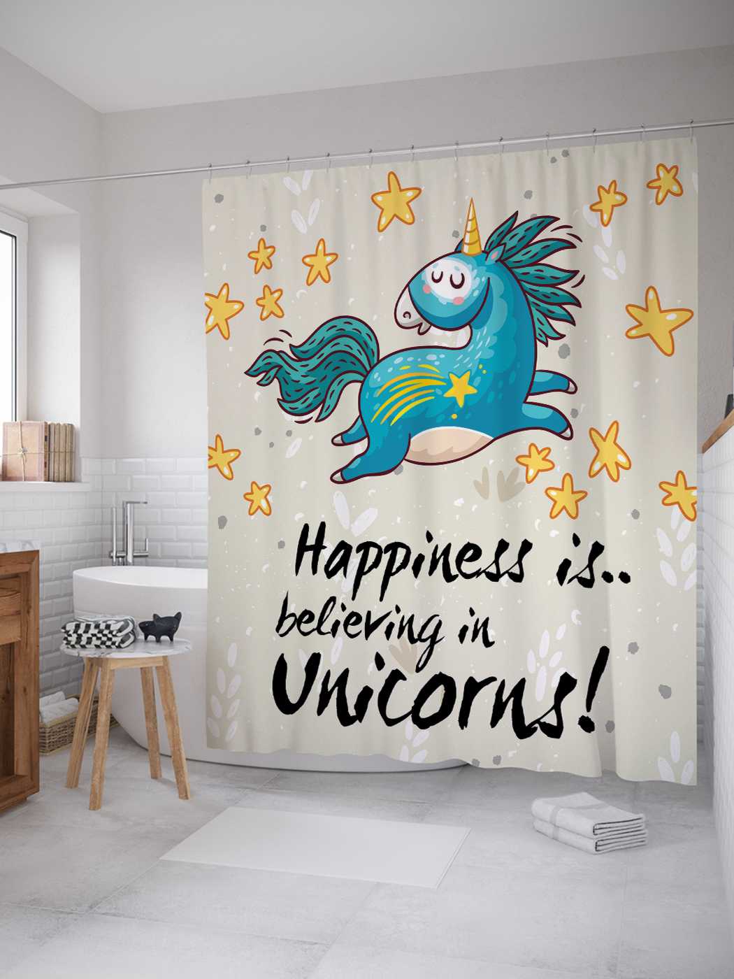 

Штора для ванной JoyArty "Счастье верить в единорогов" из сатена, 180х200 см с крючками, Белый