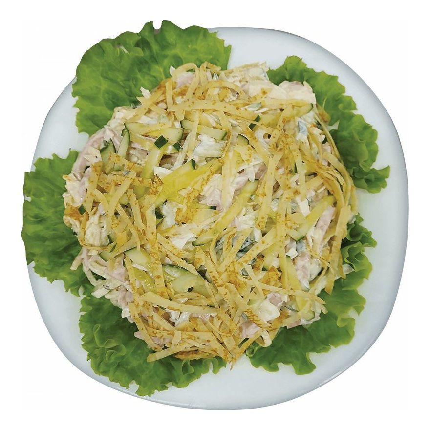 

Салат из курицы с блинчиками +-150 г