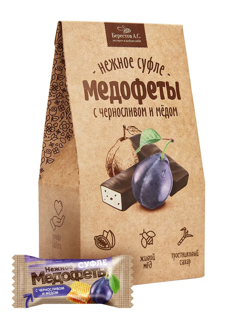 Медофеты Берестов А.С. суфле, с черносливом и медом, в шоколадной глазури, 150 г