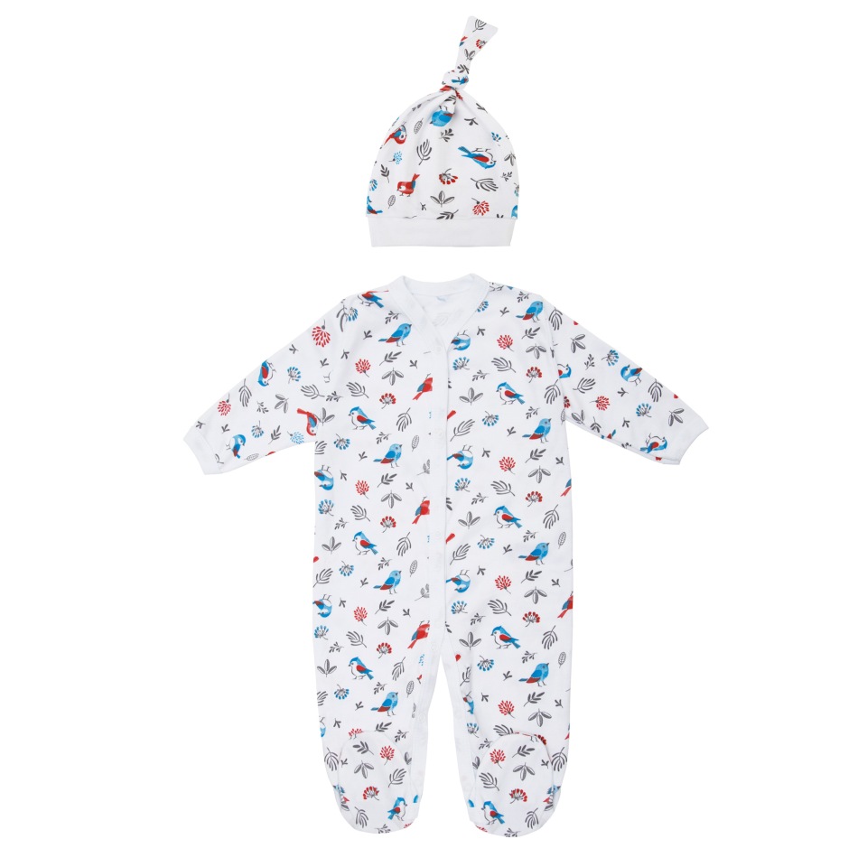 фото Комбинезон (слип) с чепчиком amarobaby soft hugs птички, белый, 56 размер