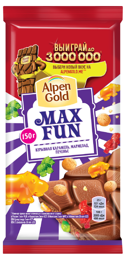 фото Шоколад alpen gold max fun молочный со взрывной карамелью + мармеладом и печеньем 150 г