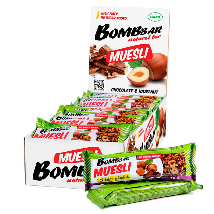 фото Батончик bombbar muesli 21*45 г - шоколад-фундук