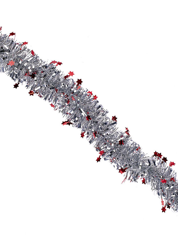 

Мишура елочная Звезды глянец 200 см красный серебристый, Звезды глянец