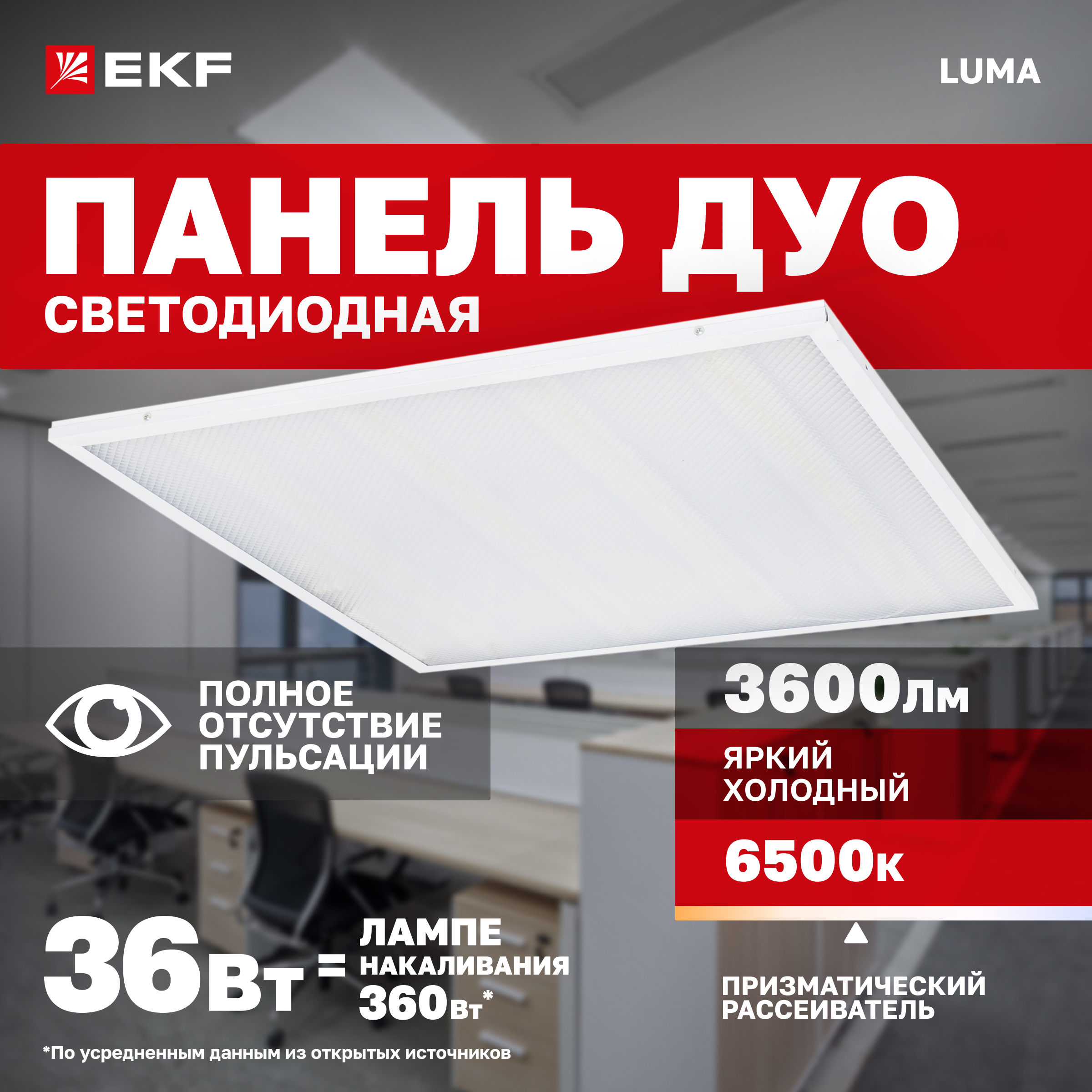 Панель светодиодная ДУО-4102-Z 36Вт 6500К призма 595х595 EKF Basic 1224₽