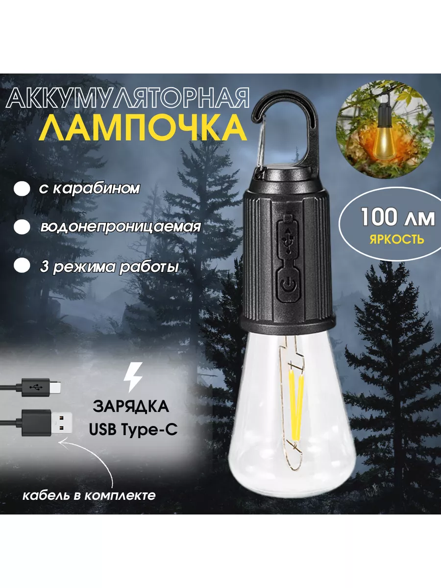 Фонарь-лампочка светодиодная с карабином, 100 лм/ 3 режима