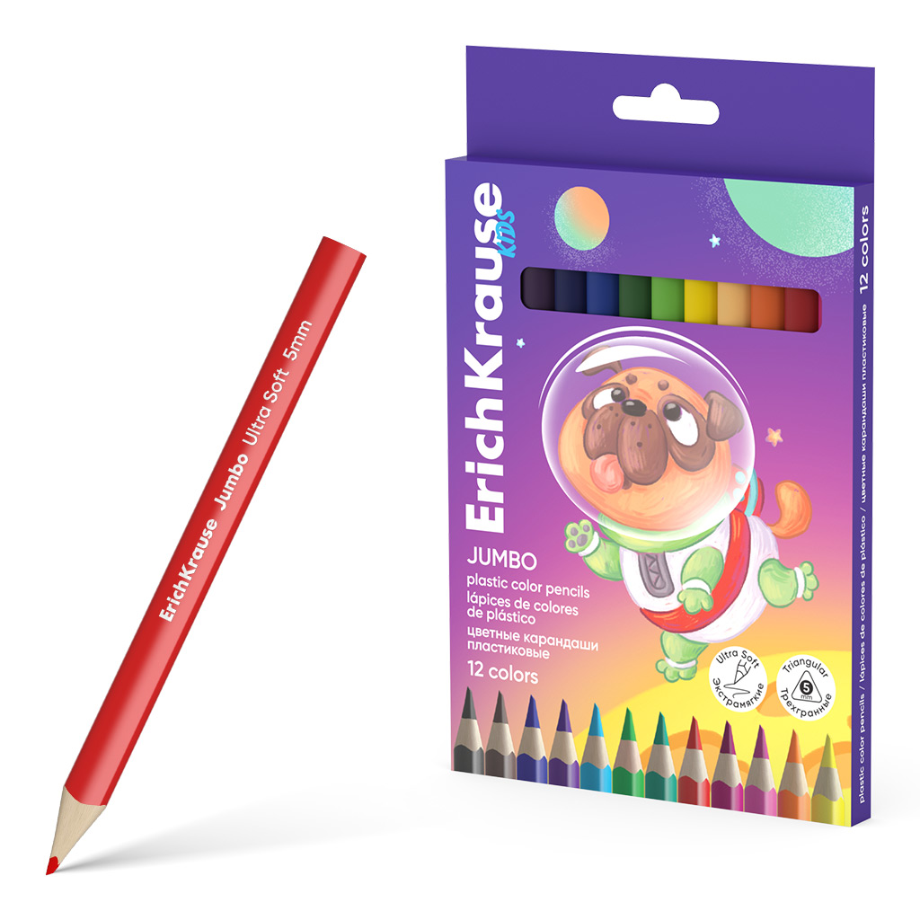 

Цветные карандаши пластиковые ErichKrause Kids Jumbo Space Animals 61077, 12 цветов, Разноцветные