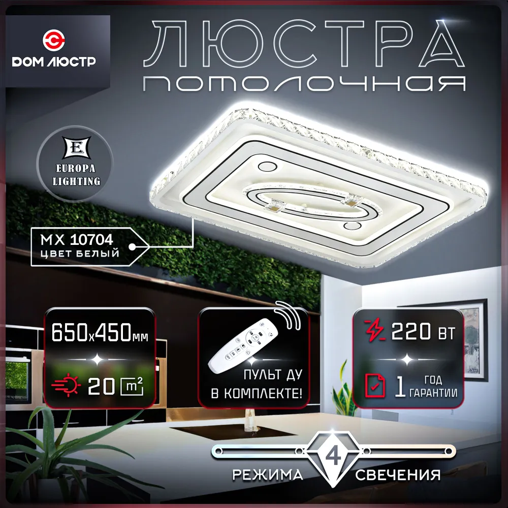 Светодиодная люстра с пультом управления Europa Lighting на 20 кв.м, MX 10704 White