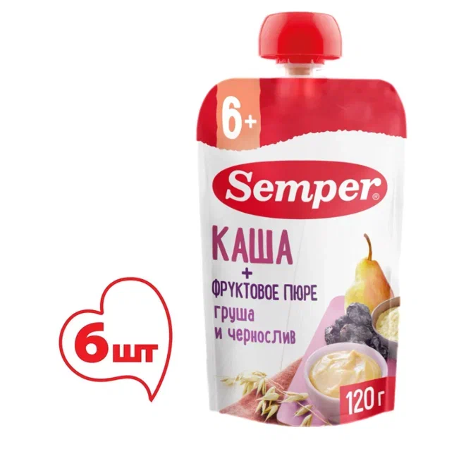 Пюре Semper с мультизлаковой кашей грушей и черносливом без сахара с 6 месяцев 6x120 г 1185₽