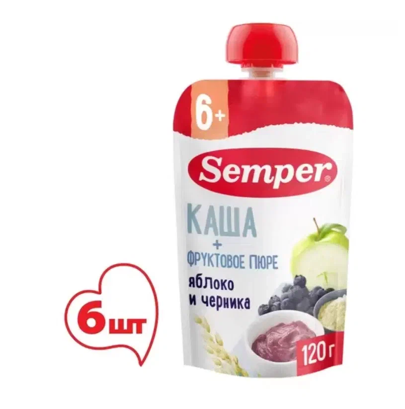 

Пюре Semper с мультизлаковой кашей, яблоком и черникой, без сахара, с 6 месяцев, 6x120 г