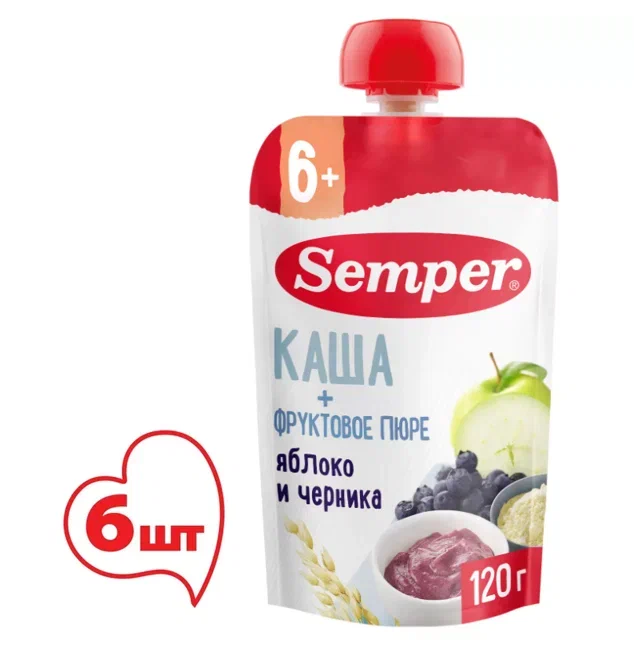 Пюре Semper с мультизлаковой кашей яблоком и черникой без сахара с 6 месяцев 6x120 г 1185₽