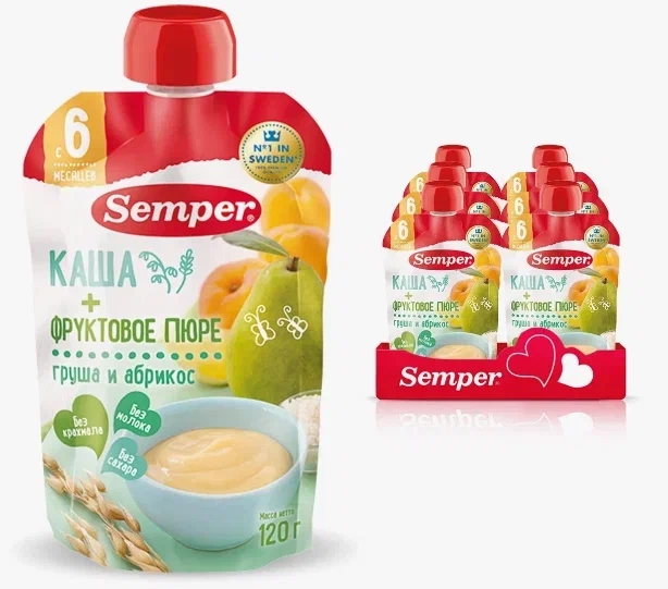 

Пюре Semper с мультизлаковой кашей, грушей и абрикосом, без сахара, с 6 месяцев, 6x120 г