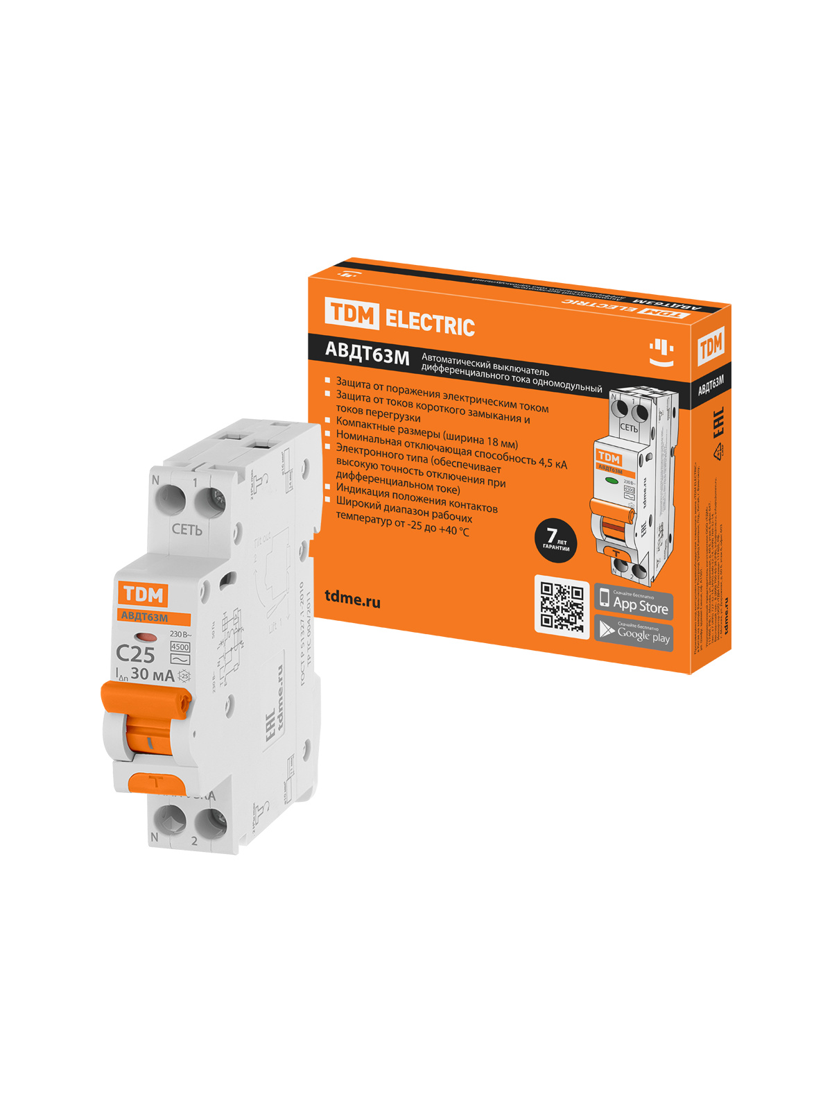 

Дифавтомат TDM ELECTRIC АВДТ 63М 2P(1P+N) C25 30мА 4,5кА тип АС SQ0202-0062, АВДТ 63М