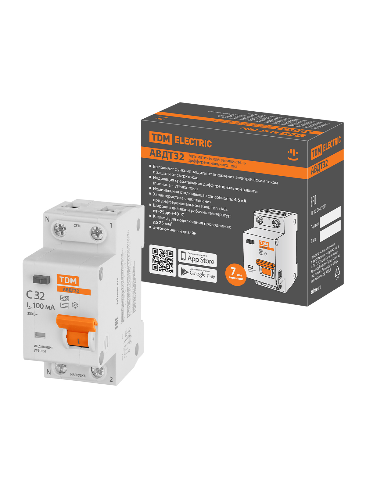 

Дифавтомат TDM ELECTRIC АВДТ 32 2P(1P+N) C32 100мА 4,5кА тип АС SQ0202-0508, АВДТ32