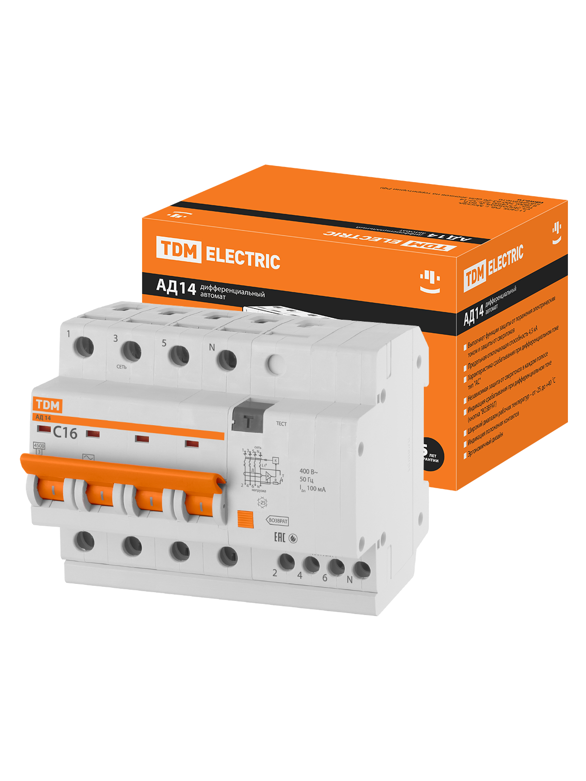

Дифавтомат TDM ELECTRIC АД14 4Р 16А 100мА SQ0204-0031, TDM ELECTRIC-12