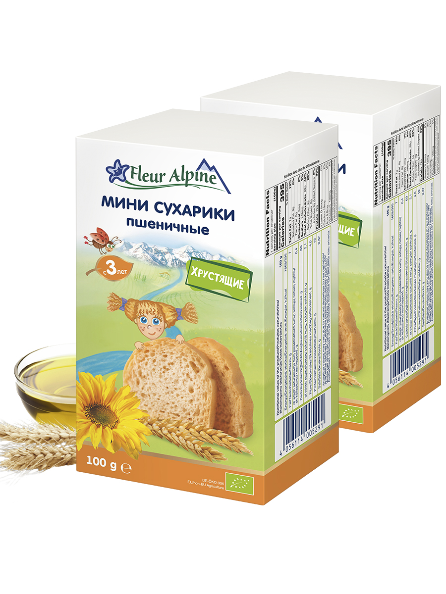 

Мини сухарики детские Fleur Alpine ПШЕНИЧНЫЕ, с 3 лет, 2 шт. по 100 г